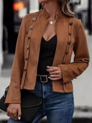 Solid Short Jacket Double Breasted Decorative Design Fashion Retro Suede Long Sleeve Outwear Tops Coat For Womens Clothing