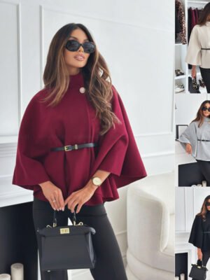 New Stand Collar Batwing Sleeves Cloak Top With Belt Ins Fashion Temperament Jacket Woolen Sweater Outwear For Women Clothing