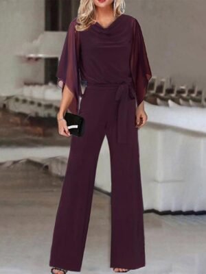 Fashion Solid Color High Waist Lace Up Casual Jumpsuit Straight-leg Pants Women