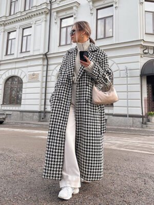 Houndstooth Long Trench Coat High-end And Fashionable Coat For Women