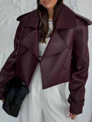 Solid Color Leather Coat Short Loose Design Women's