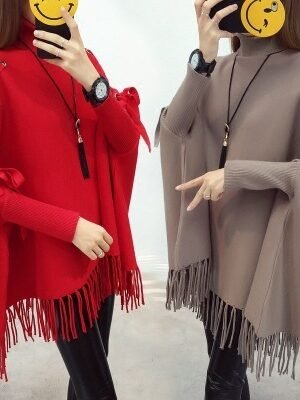 Turtleneck Pullover Bat Shirt Loose Knit Cape-style Shawl Coat