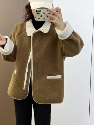 Contrast Color Lamb Wool Coat For Women